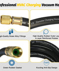 Close-up of Heavy Duty 3 Ft Charging Vacuum Hose With 3/8 In Fittings showing brass fittings, rubber layer, and green gasket
