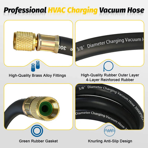 Close-up of Heavy Duty 3 Ft Charging Vacuum Hose With 3/8 In Fittings showing brass fittings, rubber layer, and green gasket
