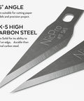Close-up of SK5 high carbon steel blade with 25-degree angle from 123 Piece Hobby Knife Set With 3 Carving Craft Knives And 120 Size 11 SK5 High Carbon Steel Blades Refills In A Safe Case, Precision Cutter Kit For Leather Art Scrapbooking Foam Clay Carving And Detailed Work.