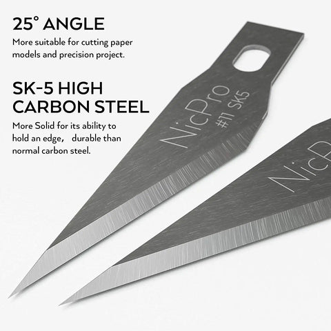 Close-up of SK5 high carbon steel blade with 25-degree angle from 123 Piece Hobby Knife Set With 3 Carving Craft Knives And 120 Size 11 SK5 High Carbon Steel Blades Refills In A Safe Case, Precision Cutter Kit For Leather Art Scrapbooking Foam Clay Carving And Detailed Work.