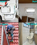 Collage of RV repairs, including RV roof and bathroom, with focus on RV Roof Tape White 6 Inch 50 Feet Sealant Patch.