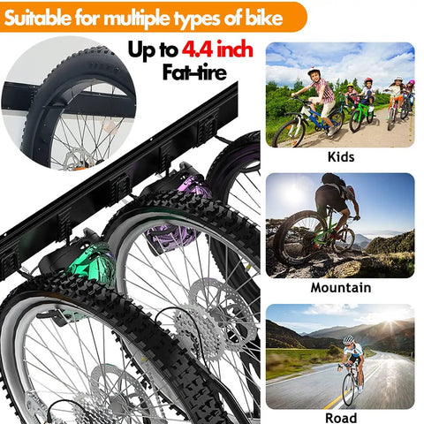 Six Bike Storage Rack With Five Hooks For Garage Wall Mount Vertical Bicycle Hanger Heavy Duty Space Saver Up To 600 Lbs 64 Inch Rails Snap On Rail System For Easy Adjustments holding bikes with fat-tire compatibility