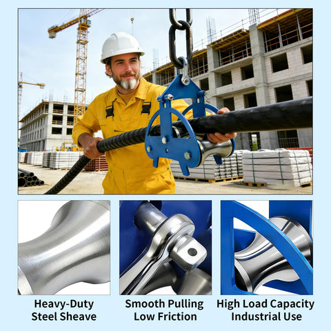 Construction worker using Beefy Heavy Duty Steel Cable Puller Sheave For Large Scale Cable Laying Industrial Grade Pulley