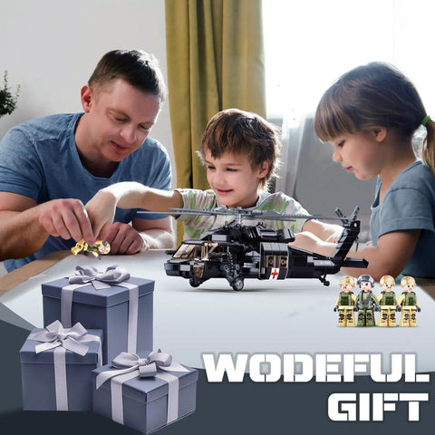 Awesome Rescue Helicopter Building Kit With 4 Soldier Minifigures Lego Compatible Military Model 692 Pieces Realistic Black Hawk Style Craft For Kids Aged 6 To 12 Great Gift being played with by children at a table.