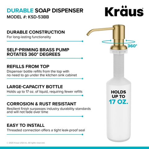 Brushed Brass Multi Purpose Kitchen Soap And Lotion Dispenser With Self Priming Pump For Soap Or Lotion Or Detergent Refills