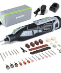 Angled front view of WORKPRO 12V cordless rotary tool kit with carrying case, charger, and 114 accessories.