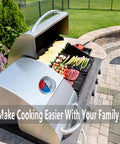 Outdoor grill with open lid showing BBQ and vegetables, Two Pack BBQ Grill Temperature Gauges with 3 Inch Dial Faces visible on side