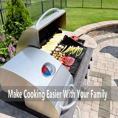 Outdoor grill with open lid showing BBQ and vegetables, Two Pack BBQ Grill Temperature Gauges with 3 Inch Dial Faces visible on side