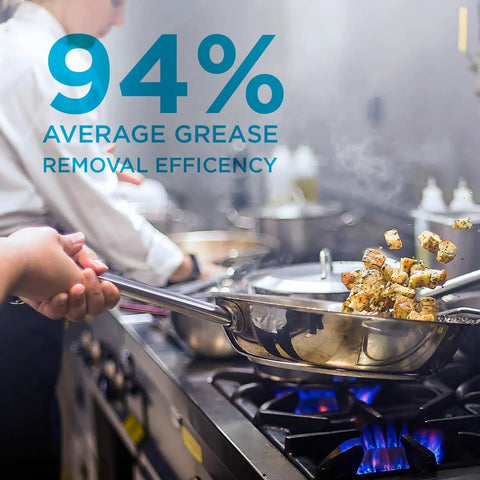Chef cooking with stainless steel pan on stove in commercial kitchen, highlighting 94% average grease removal efficiency text on image