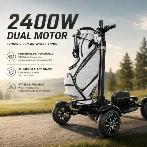 Foldable Electric Golf Push Cart With Cushioned Seat And Sturdy Umbrella Pole Dual Brushless Motor High Capacity Battery Smart Lcd Console, 2400W dual motor.
