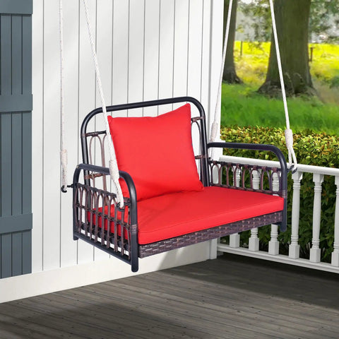 Red Wicker Porch Swing Chair For One With Cushioned Seat And Back, Reinforced Metal Frame, Two Sturdy Hanging Ropes