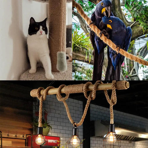 Natural Jute Manila Rope 4 Strand Twisted Hemp Fiber used in cat furniture, parrot perch, and ceiling light fixture decor