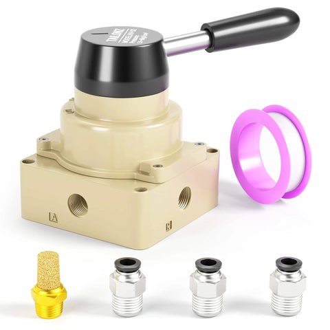 Rotary Lever Pneumatic Hand Valve HV02 1/4 NPT Air Flow Control 3 Position 4 Way Valve with accessories, easy mount