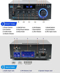 Front and back panels of Powerful Bluetooth 5 Point 0 HiFi Stereo Amplifier Receiver showing control knobs and input jacks.