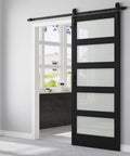 36X84 Black Frosted Glass Barn Door With Complete Hardware Kit And Six Point Six Foot Track Handle No Sweat Install Smooth Operator Glide Heavy Duty Solid Core Build in modern room.
