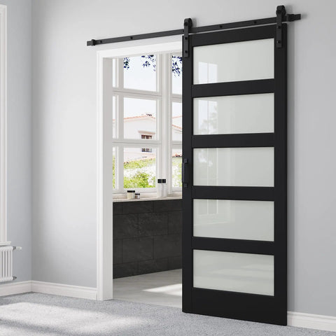 36X84 Black Frosted Glass Barn Door With Complete Hardware Kit And Six Point Six Foot Track Handle No Sweat Install Smooth Operator Glide Heavy Duty Solid Core Build in modern room.