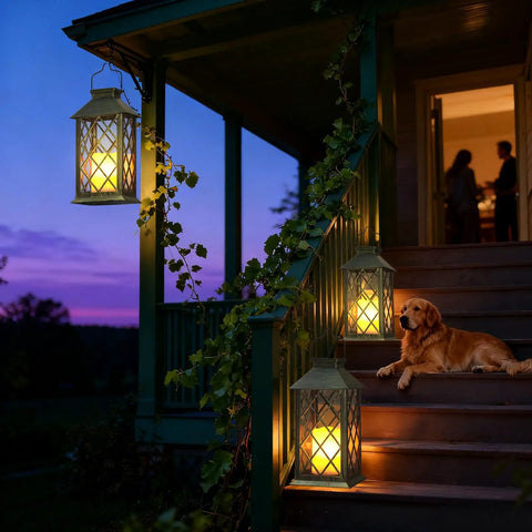 Outdoor Solar Lanterns 14 Inch Hanging LED Lights, 2 Pack, illuminating porch steps at dusk with a dog lying nearby