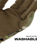 Close-up of a Tactical Glove With Anti Slip Grip For Heavy Duty Work, Impact Resistant, And Touchscreen Compatible, Large, MultiCam Camouflage showing palm side with washable feature.