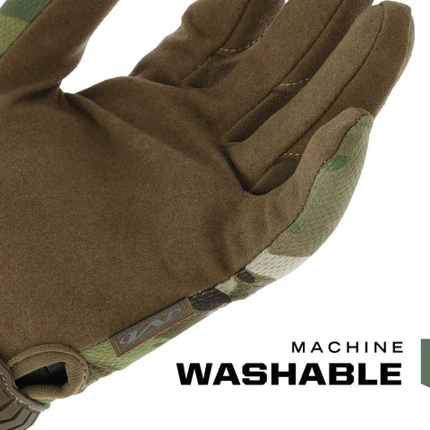 Close-up of a Tactical Glove With Anti Slip Grip For Heavy Duty Work, Impact Resistant, And Touchscreen Compatible, Large, MultiCam Camouflage showing palm side with washable feature.