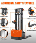3300 Lbs Full Electric Walkie Stacker Material Lift With Straddle Legs And Adjustable Forks Up To 98 Inches Max Lifting Height showing safety features like warning light and thickened support legs.