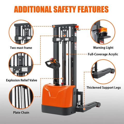 3300 Lbs Full Electric Walkie Stacker Material Lift With Straddle Legs And Adjustable Forks Up To 98 Inches Max Lifting Height showing safety features like warning light and thickened support legs.