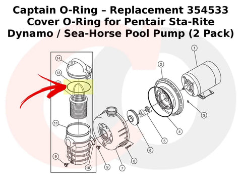 Diagram of Replacement 354533 Cover O-Ring for Pentair Sta-Rite Dynamo Sea Horse Pool Pumps, highlighted with an arrow.