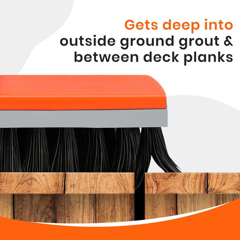 Close-up of 55 Inch Long Handle Deck Brush With Stiff Bristles For Concrete Patios Garage Floors Outdoor Scrubber