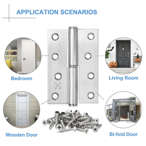 6-pack 4-inch stainless steel lift-off door hinges, detachable, rust-resistant, indoor/outdoor use, 50 lb load.
