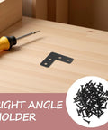 20 Pack Black Stainless Steel L Corner Brackets 1.6x1.6 Inch Thickened Right Angle Support Brace with screws on wood surface