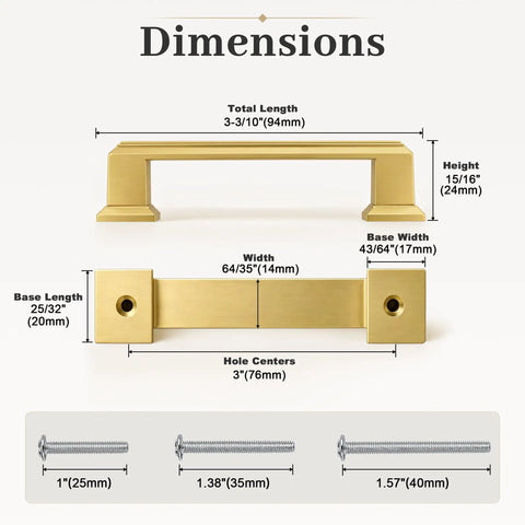 Dimensions of Six Pack 3 Inch Hole Center Cabinet Pulls In Brushed Gold Brass Finish with screws included