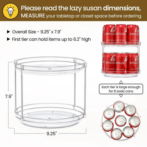 Two Tier Non Skid Acrylic Lazy Susan Turntable Organizer for kitchen with soda cans to illustrate 9.25 Inch size