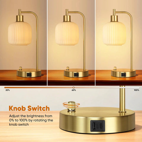 Industrial Touch Control Desk Lamp With Dual USB Ports And Outlet For Charging Up Fast 3 Way Dimmable Bedside Nightstand Reading Lamp Glass Desk Lamp For Bedroom And Office with knob switch for dimming