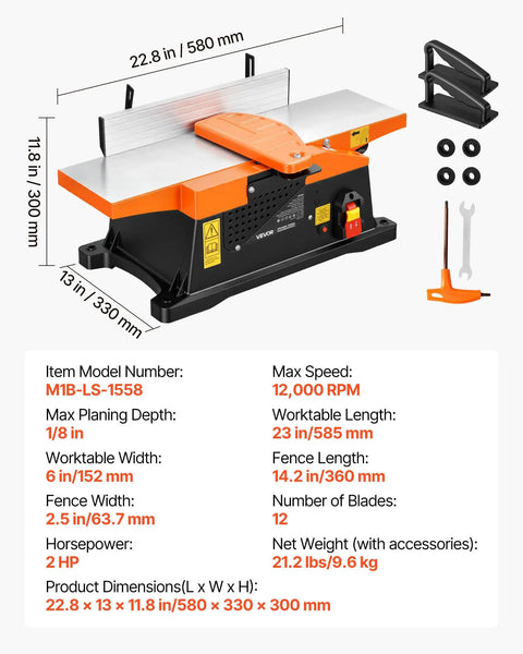 Heavy Duty Six Inch Spiral Benchtop Jointer Boasts A Beefy Two Horsepower Motor Churning At Twelve Thousand Rpm With Twelve Blade Spiral Cutterhead Delivering Flawless Surfaces adjustable fence and solid cast aluminum table built tough for real workers features a 22.8 by 11.8 inch aluminum table.