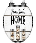Elongated Toilet Seat Resin for Farmhouse Bathroom with Home Sweet Home design and decorative jars.