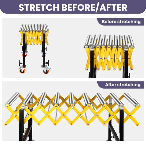 Huge 1000 Lb Capacity Adjustable Conveyor Roller with Wheels shown before and after stretching from 23.6 to 52 inches.