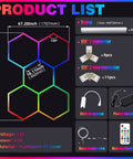 Infographic showing specifications for 24 Pack Remote Hexagon RGB LED Panels Ceiling Lights With 358 Modes IP54. Includes components like connectors and remote control.