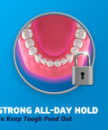 Graphic of dentures with lock symbol, Complete Original Denture Adhesive Cream For All Day Hold And Comfort, secure fit illustration.
