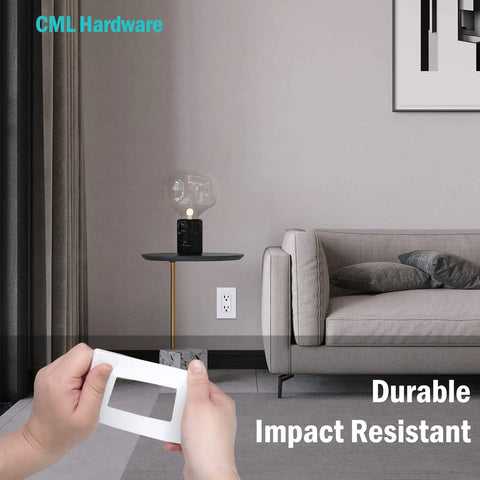 Hands holding No Fuss Screwless 1 Gang Wall Plate Receptacle Cover Set 8 Pack Hidden Screws Glossy White Finish in room