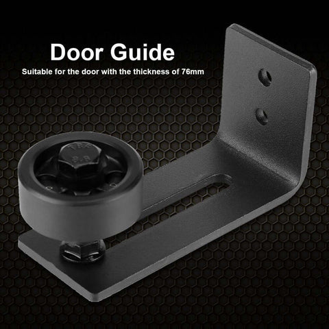 Carbon Steel Adjustable Wall Or Floor Roller Guide For Barn Door Hardware Black Finish Heavy Duty Mount Smooth Quiet Glide Fits 76mm Thick Doors Durable Construction, shown in close-up with black finish