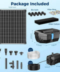Components of No Fuss 20W Solar Pond Filter Kit With 160 GPH Pump, including solar panel, pump, tubing, and filter box.