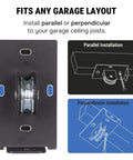 Diagram of a Ladder Hoist For Garage Ceiling Storage Beefy All Steel Pulley System Holds 150 Lbs 5.5 Inch Low Profile Self Locking Lift, showing parallel and perpendicular mounting options.