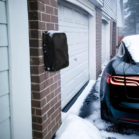 Tough As Nails EV Charger Cover For Wall Mounted Charging Stations Made From High Density Oxford Cloth With All Weather Defense on brick wall.