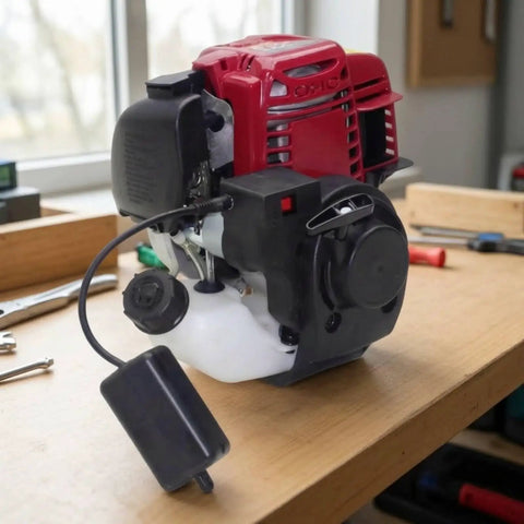 Ready To Mount Gas Powered Replacement Engine For Lawn Mowers And Small Machinery With Hassle Free Swap And Durable Black Housing on workbench.