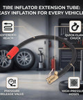 Flexible Silicone Tire Inflator Extension Hose With Quick Clip Chuck Reaches Tight Valve Stems On Cars And Trucks Effortlessly Handles During Roadside Emergencies Or Garage Jobs Avoids Awkward Bending Inside Cramped Wheel Wells 16 Inch Connector, black hose with quick-clamp chuck