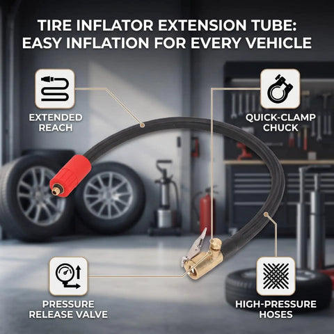 Flexible Silicone Tire Inflator Extension Hose With Quick Clip Chuck Reaches Tight Valve Stems On Cars And Trucks Effortlessly Handles During Roadside Emergencies Or Garage Jobs Avoids Awkward Bending Inside Cramped Wheel Wells 16 Inch Connector, black hose with quick-clamp chuck