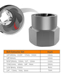 Bolt Extractor Set for Stripped Nuts, 3/8 Inch Square Drive, Heavy Duty 41Cr4 Steel with size chart and twist socket detail