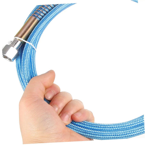 Person holding high temperature steam iron hose replacement for easy ironing, blue with metal connectors, leak-proof and durable