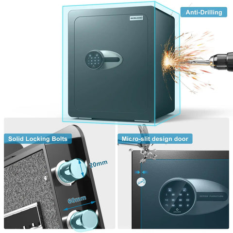 Compact Fireproof Safe Box For Home Use 0.8 Cu Ft with anti-drilling feature, solid locking bolts and micro-slit design door.