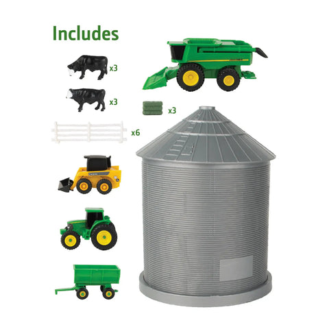 1 64 Scale Farm Playset With Grain Bin Includes Tractor Toys Skid Steer Farm Animal Figures And Fencing With Realistic Moving Parts