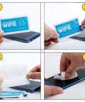 Blue-labeled lens cleaning wipe packet used to clean a smartphone screen; pre-moistened, quick-drying.